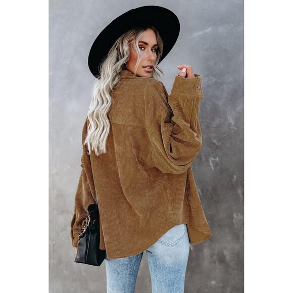 Women Brown Collared V Neck Button Down Oversized Long Sleeve Shirt Top - Picture 6 of 6
